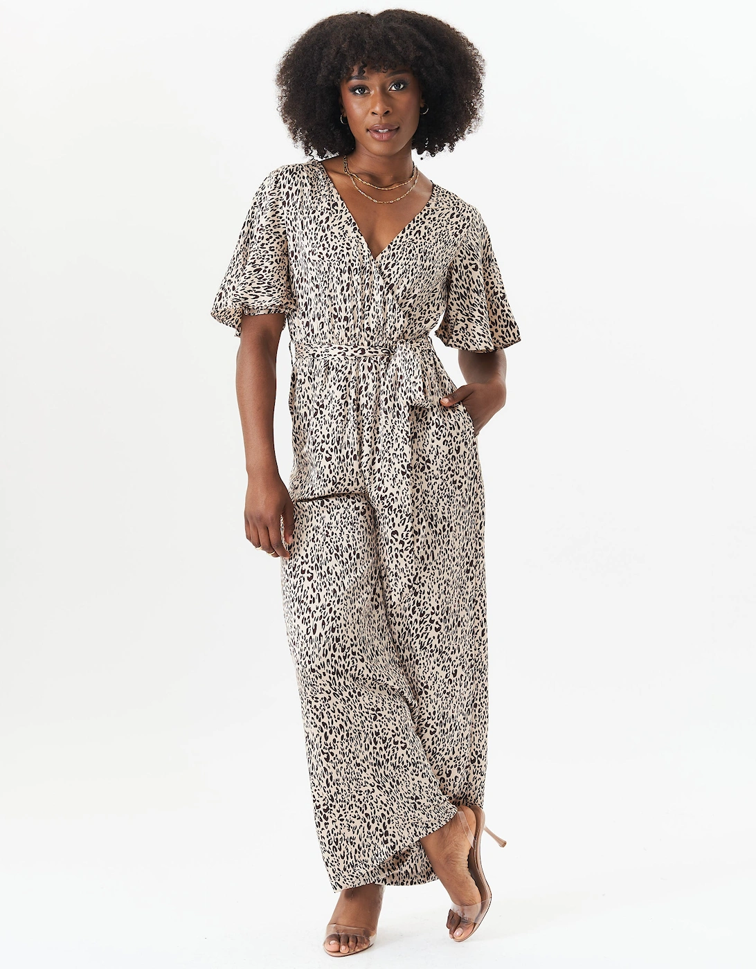 Tan Satin Animal Angel Sleeves Wrap Jumpsuit, 5 of 4