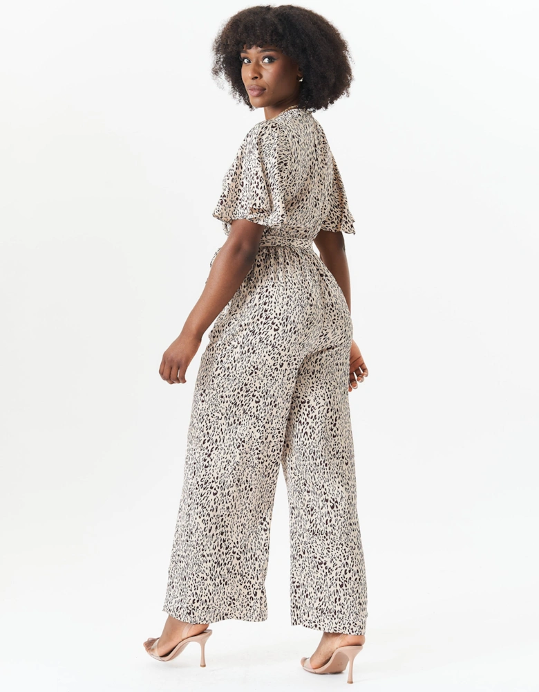 Tan Satin Animal Angel Sleeves Wrap Jumpsuit
