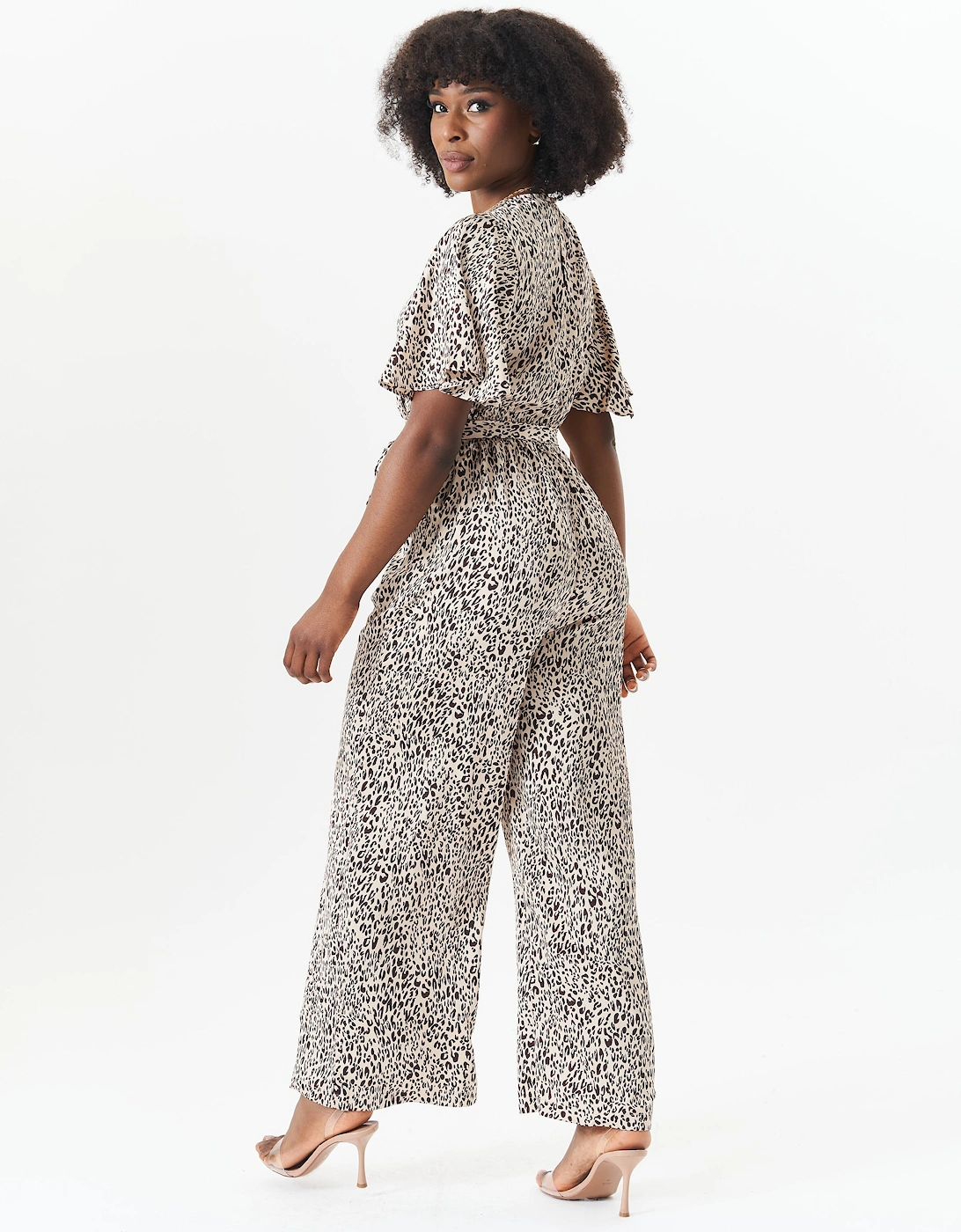 Tan Satin Animal Angel Sleeves Wrap Jumpsuit
