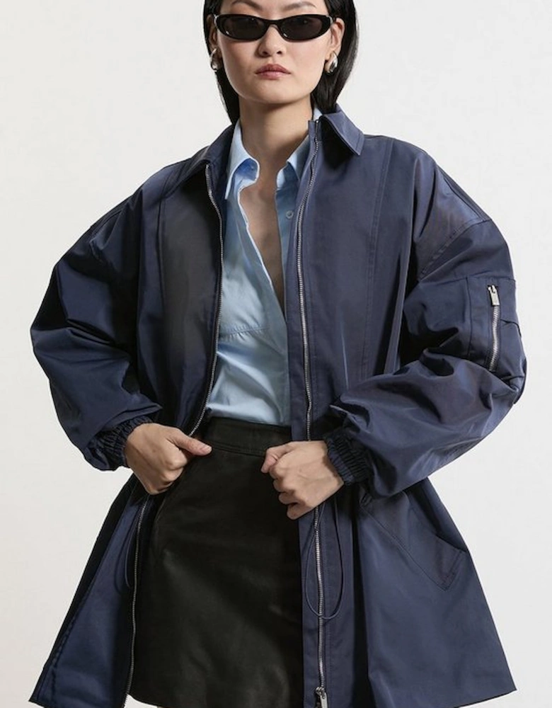 Drawstring Waist Collared Zip Through Mid Length Jacket