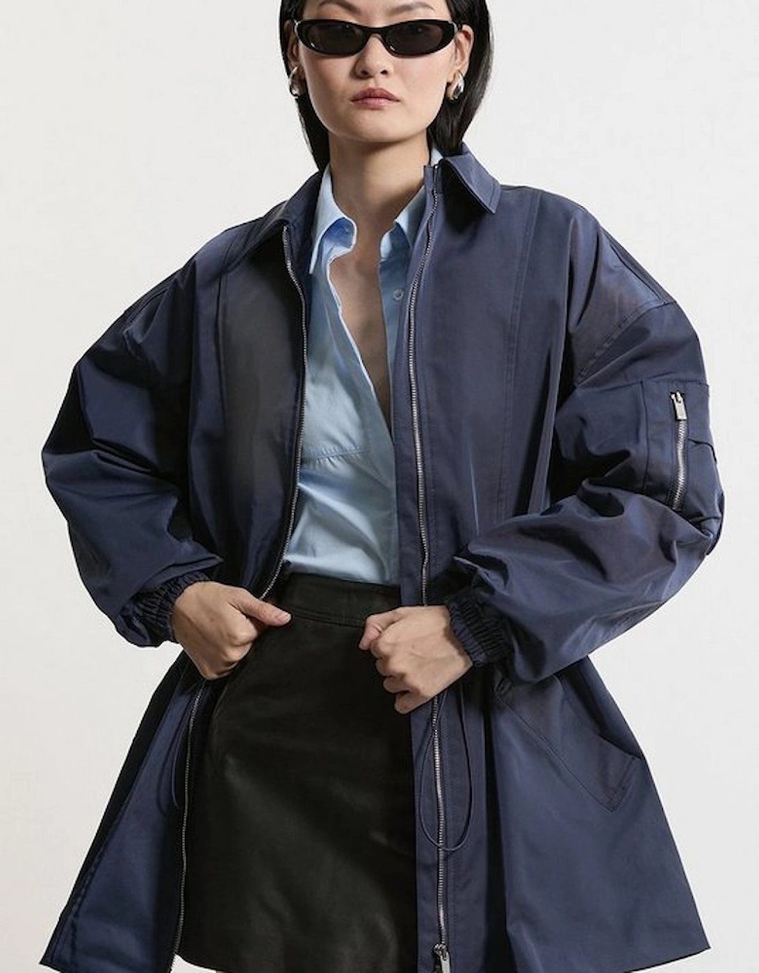 Drawstring Waist Collared Zip Through Mid Length Jacket, 4 of 3