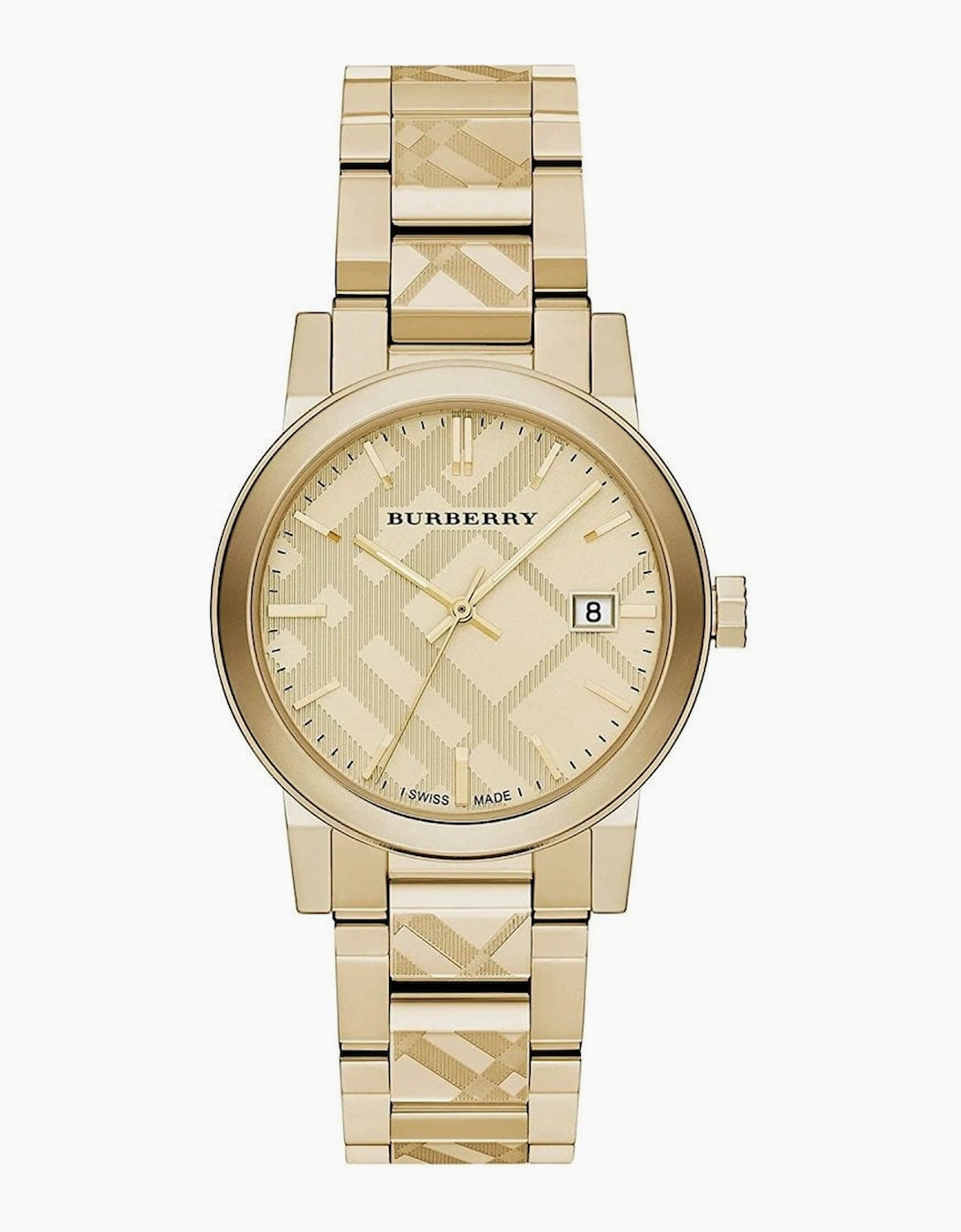 Burberry Unisex Gold Bu9038 The City Engraved Checked Watch Size 3