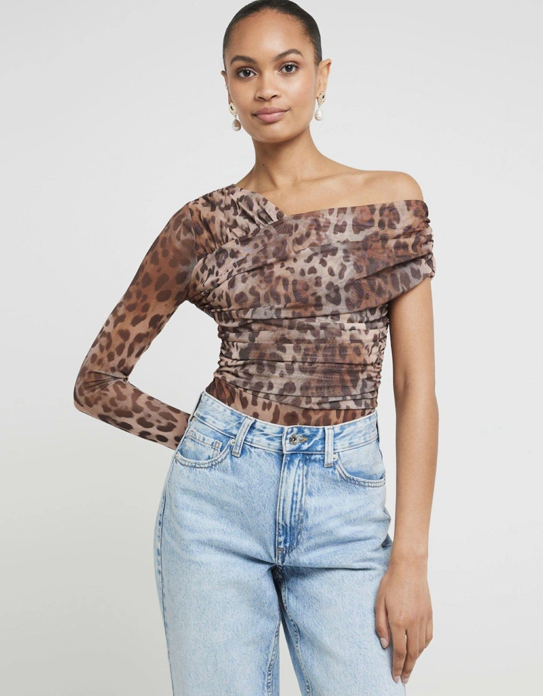 Mesh Asymmetric Bodysuit - Brown