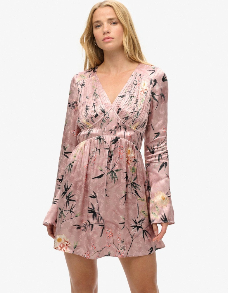 Flare Sleeve Jacquard Mini Dress - Pink