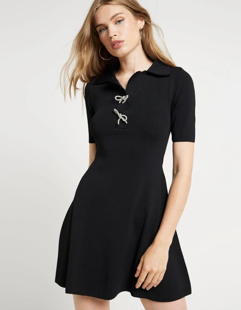 Bow Detail Polo Dress - Black