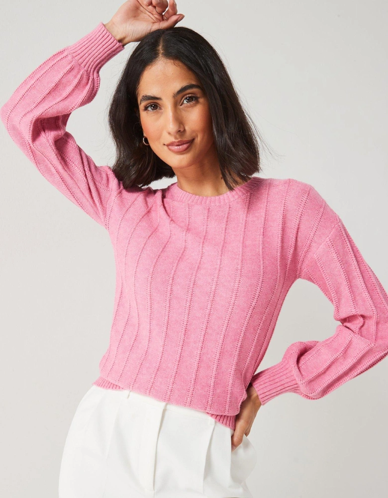 Crew Neck Ribbed Jumper - Pink