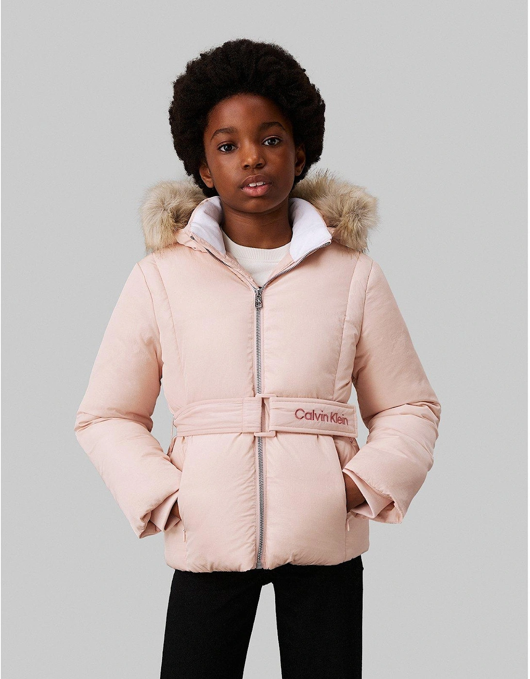 Girls Classic Belted Faux Fur Jacket - Light Pink, 4 of 3