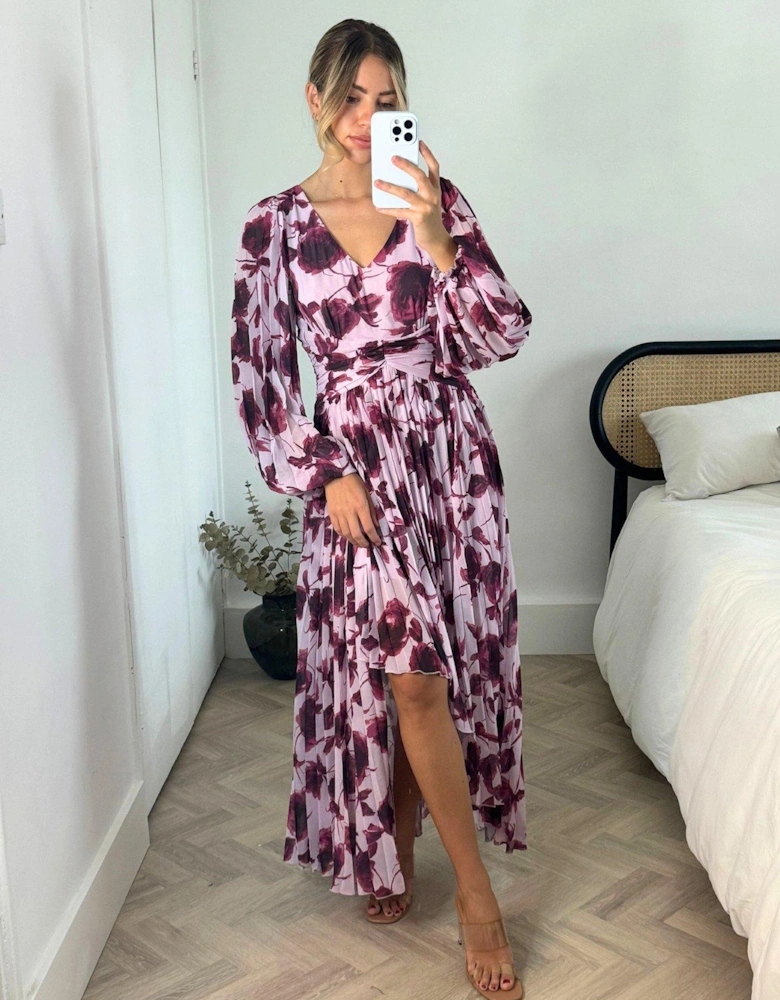 Toni Long Sleeve Pleated Maxi Dress - Mulberry Print