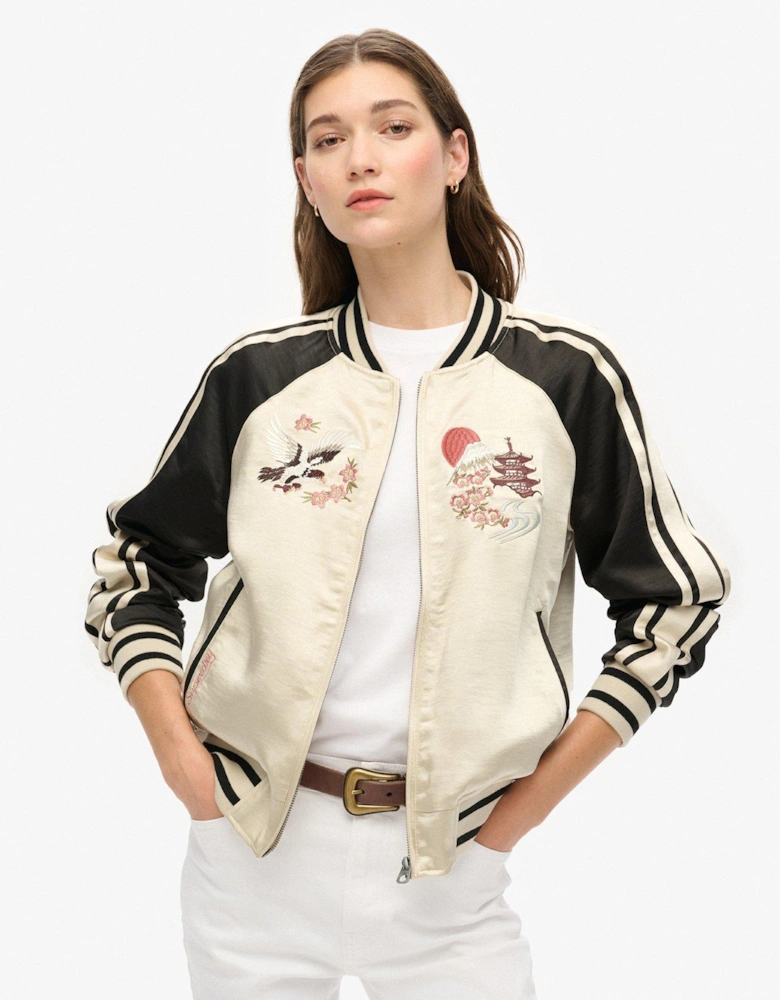 Sukajan Embroidered Bomber Jacket - Beige