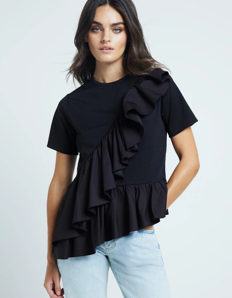 Hybrid Frill Detail T-Shirt - Black