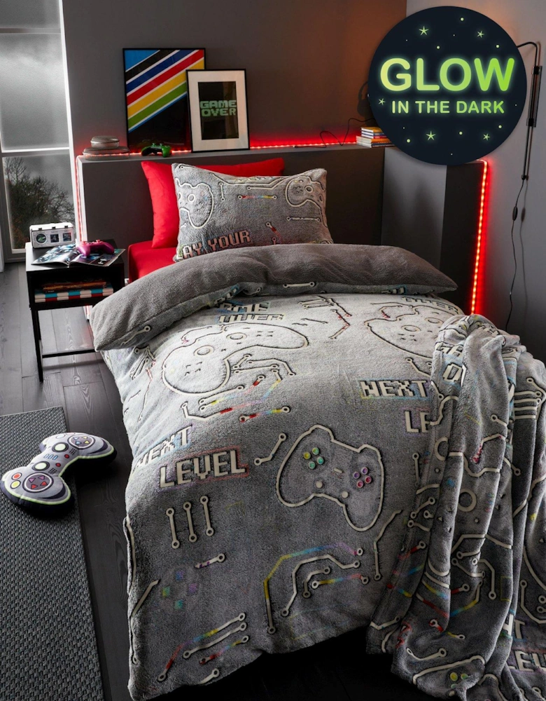 Game Over Glow In The Dark Fleece Duvet Cover Set - Black