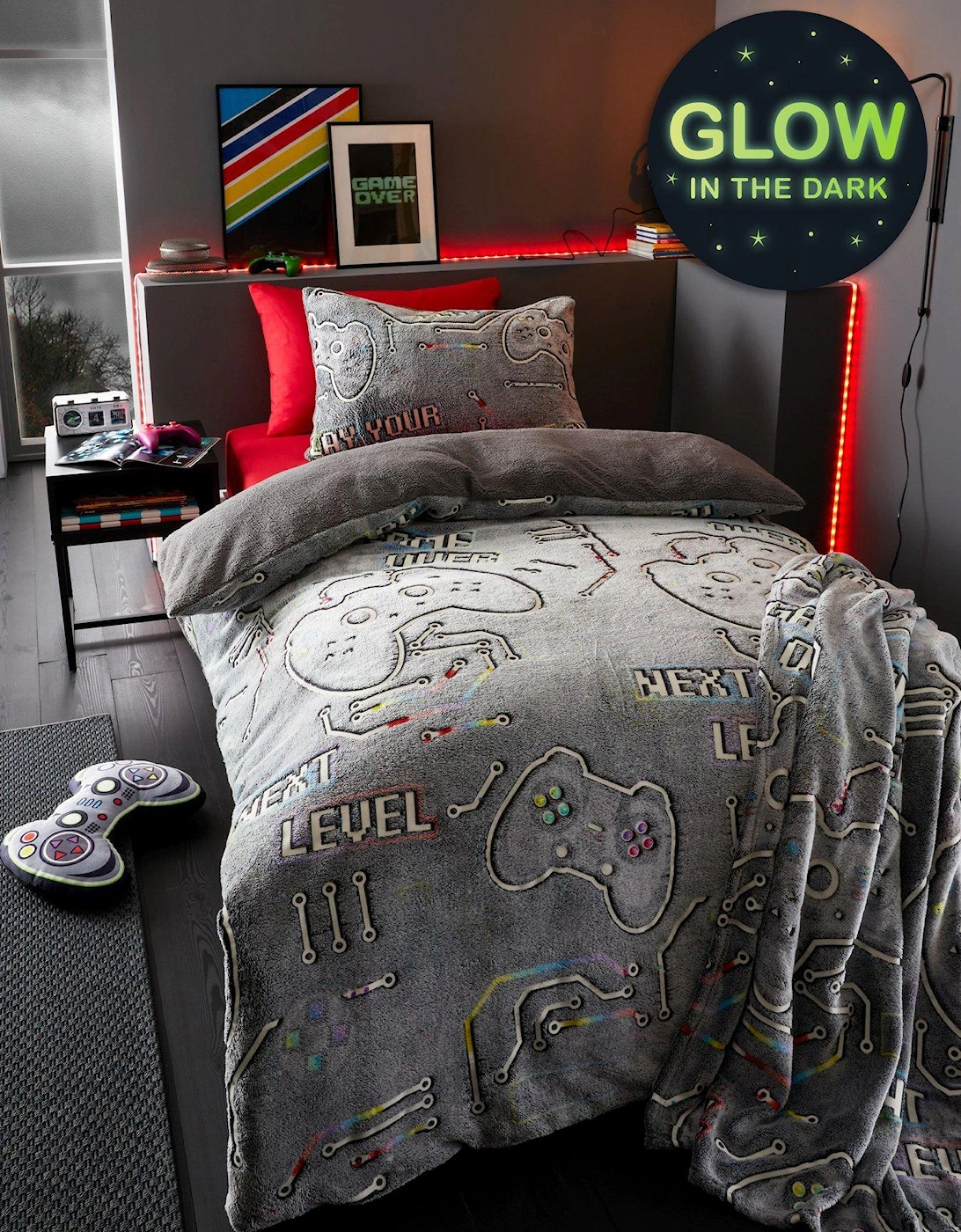 Game Over Glow In The Dark Fleece Duvet Cover Set - Black, 8 of 7