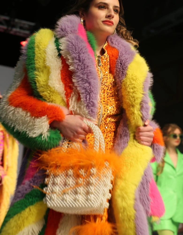 Faux Fur Hand Crafted Rainbow Bamboo Maxi Coat