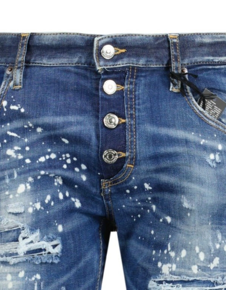 'Super Twinky Jean' Brown Patch Paint Splatter Jeans Blue