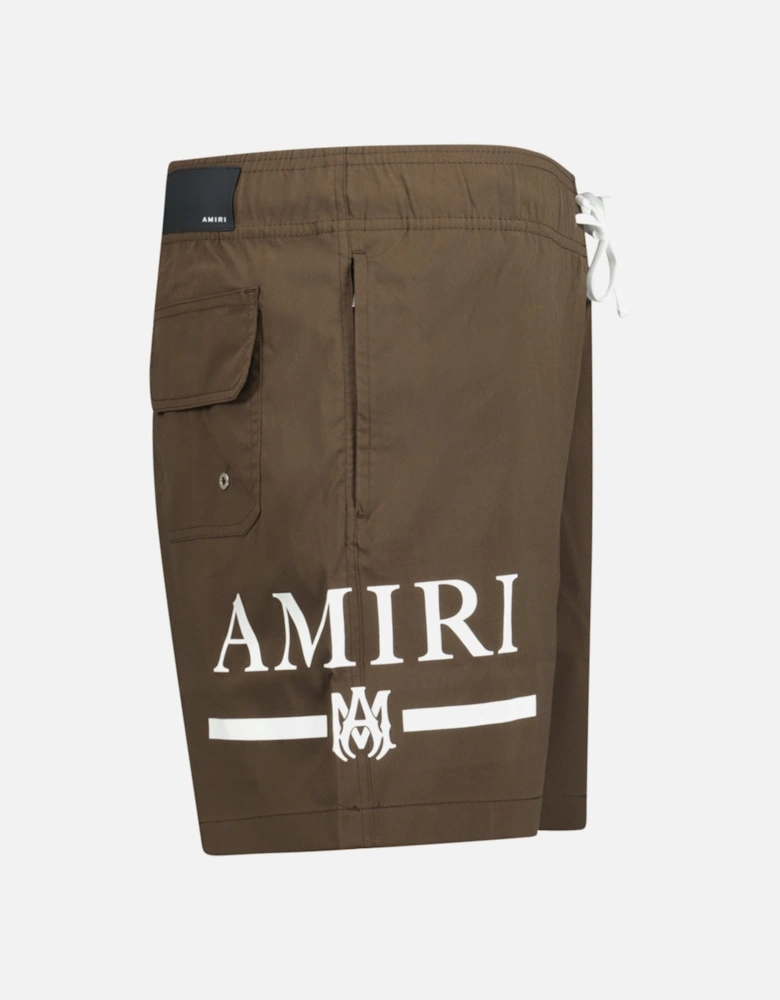 Ma Bar White Logo Drawstring Swim Shorts Brown