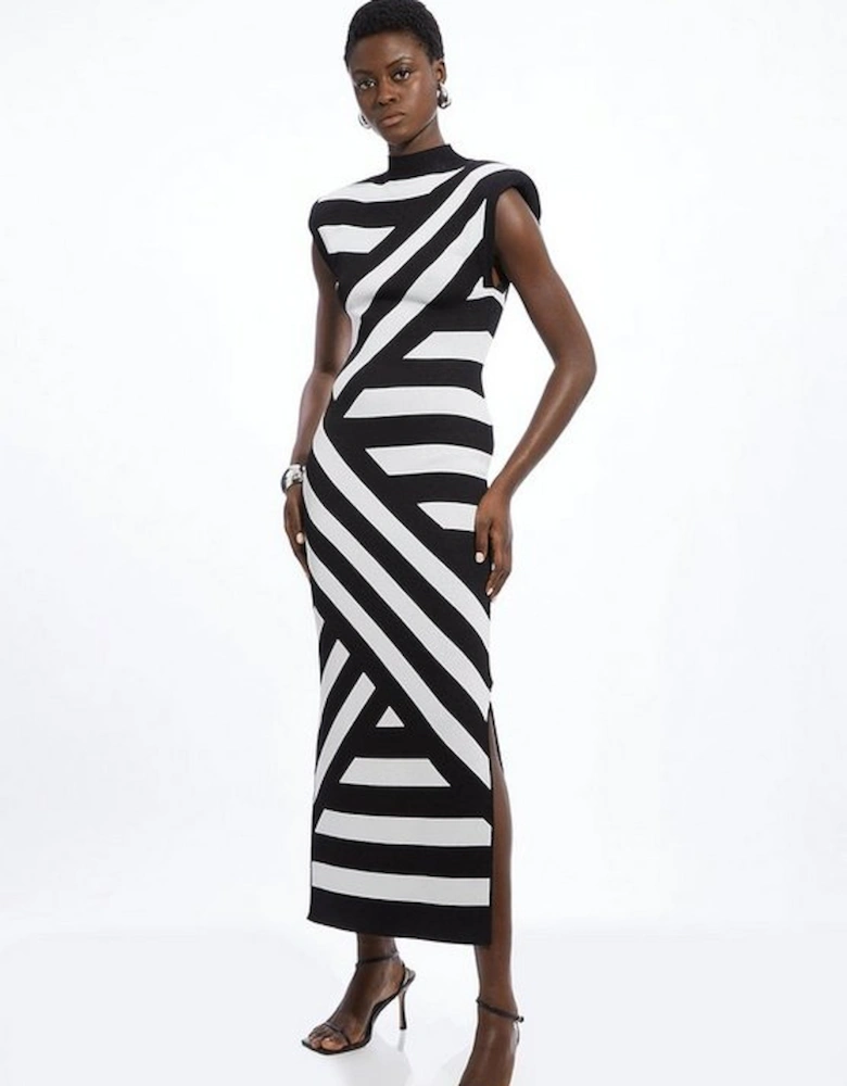 Viscose Blend Jacquard Stripe Power Shoulder Knit Maxi Dress