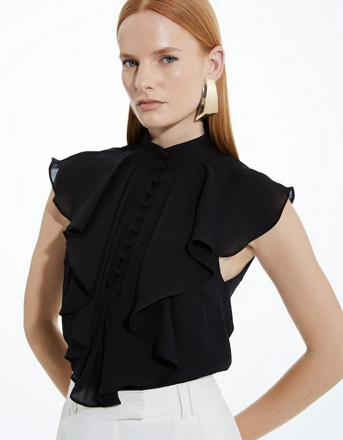 Ruffle High Neck Georgette Sleeveless Woven Blouse, 5 of 4