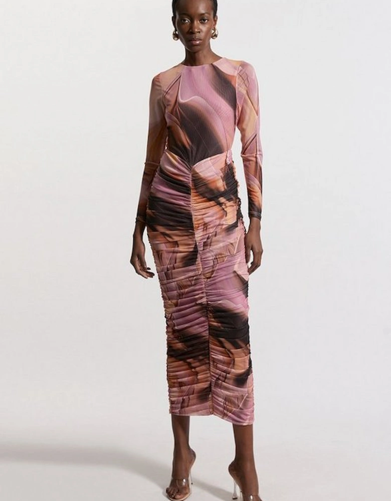 Marble Printed Mesh Ruched Long Sleeve Maxi Dress