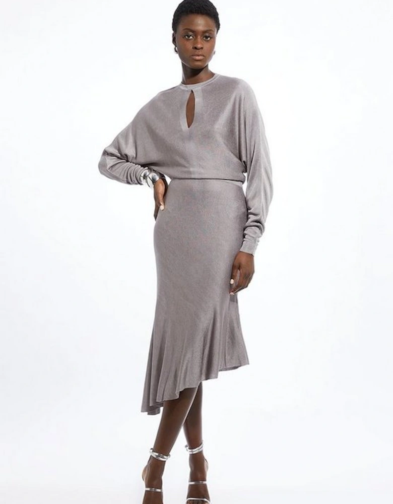 Viscose Blend Slinky Jacquard Asymmetric Knit Midi Dress