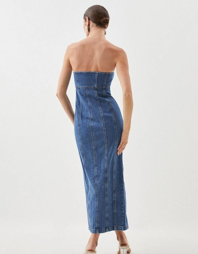 Denim Bandeau Button Midi Dress