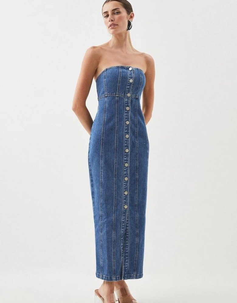 Denim Bandeau Button Midi Dress