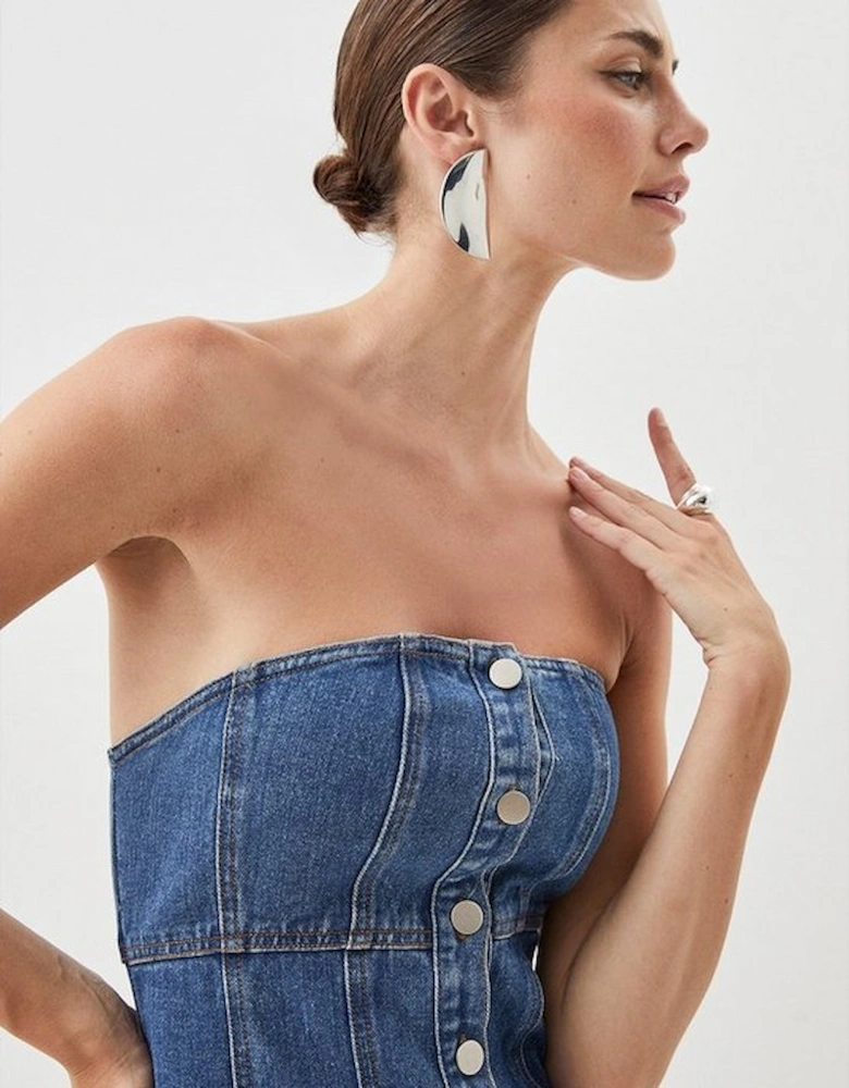 Denim Bandeau Button Midi Dress