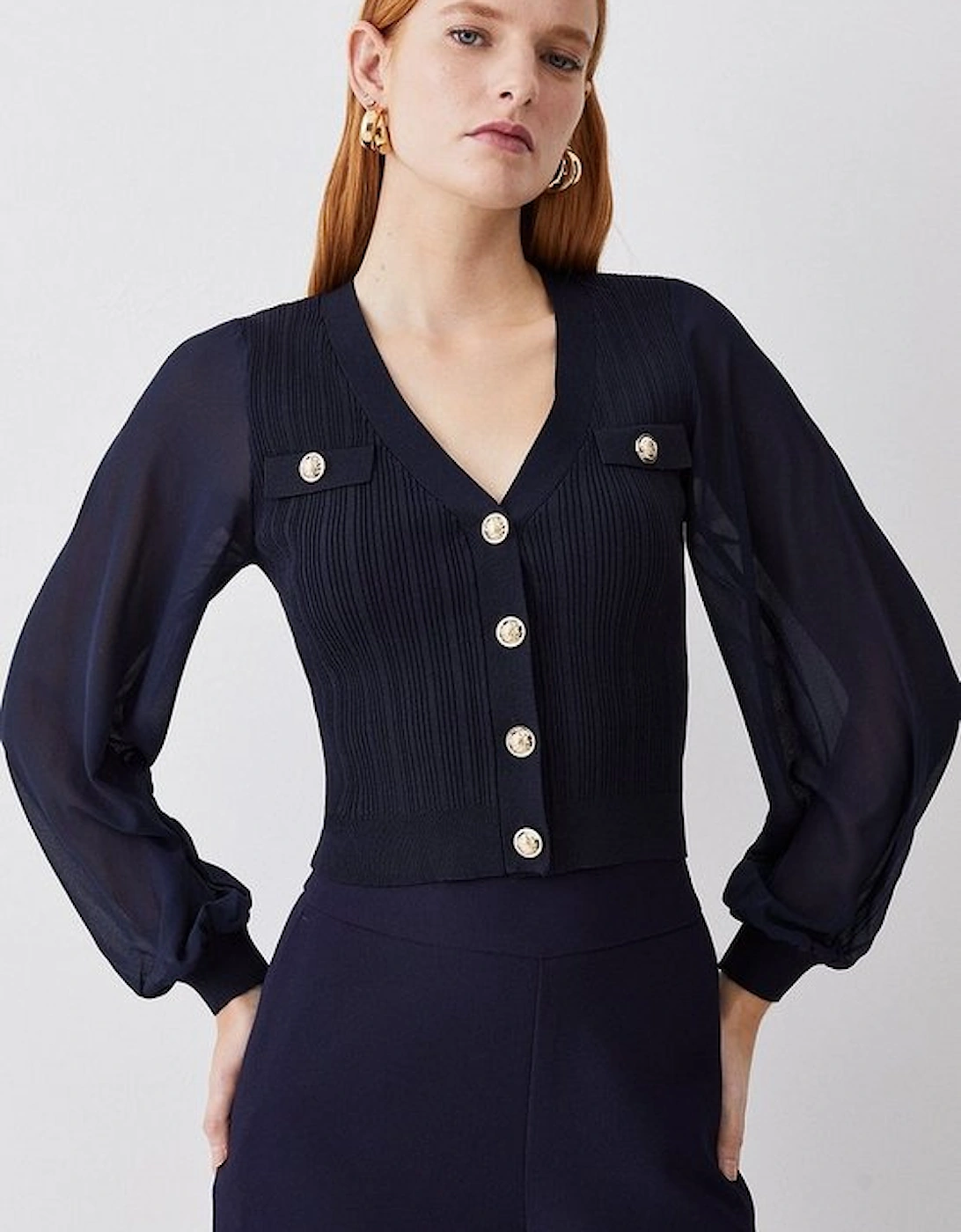 Military Rib Knit Georgette Sleeve Cardigan, 5 of 4