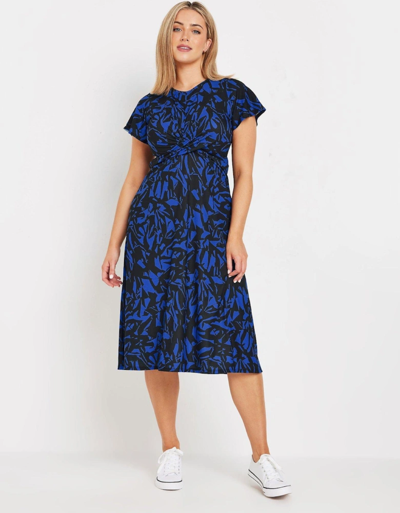 Short Sleeve Twist Front Dress - Black/Blue