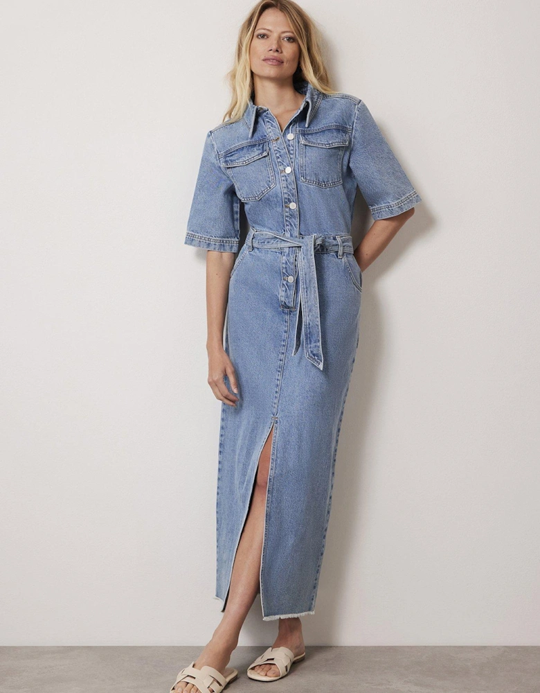 Belted Denim Midi Dress - Blue