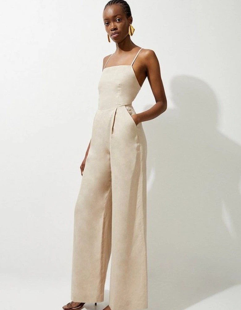 Premium Linen Tailored Halterneck Corset Back Wide Leg Jumpsuit