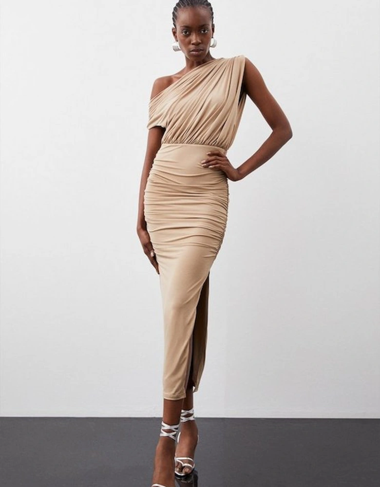 Jersey Crepe Asymmetric Neckline Maxi Dress