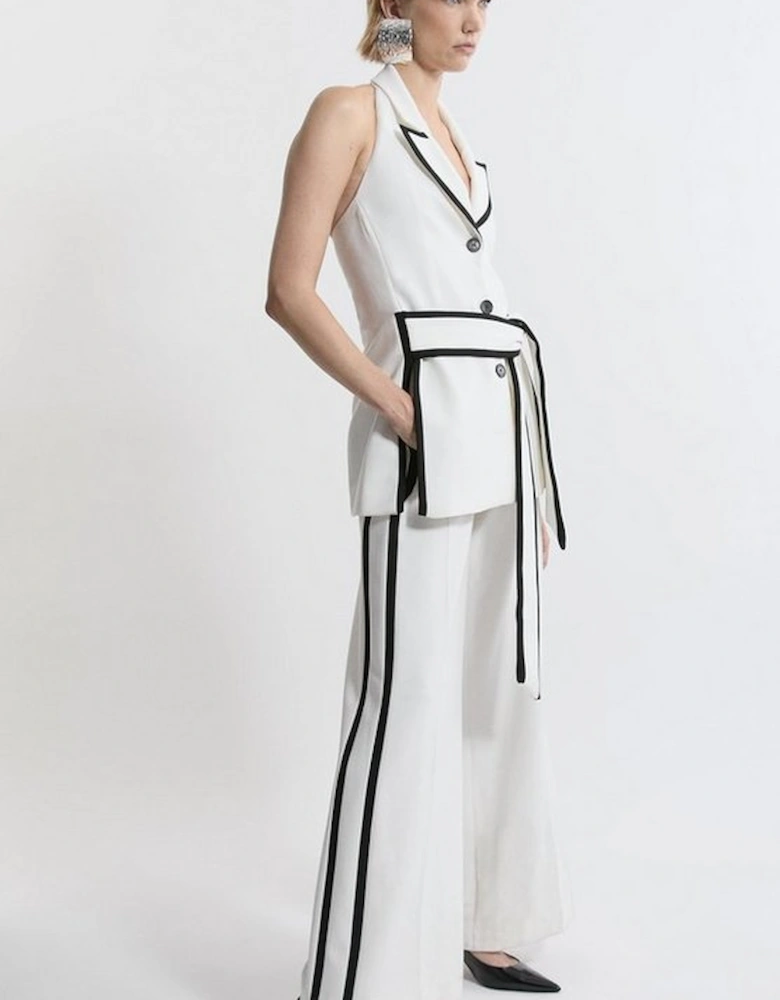 Compact Stretch Contrast Tipped Belted Wide Leg Tailored Jumpsuit