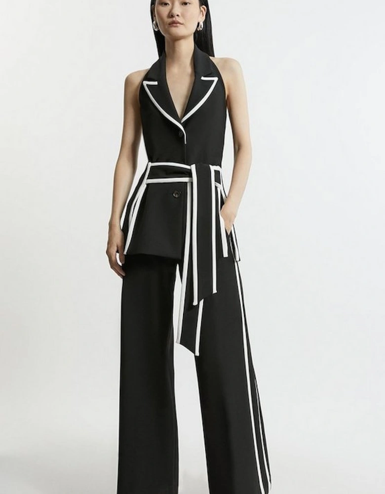 Compact Stretch Contrast Tipped Belted Wide Leg Tailored Jumpsuit