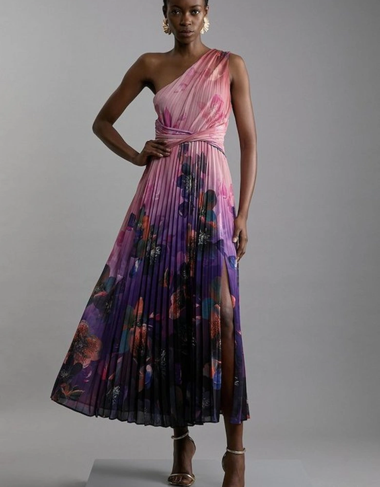 Ombre Floral Soft Pleated One Shoulder Maxi Dress