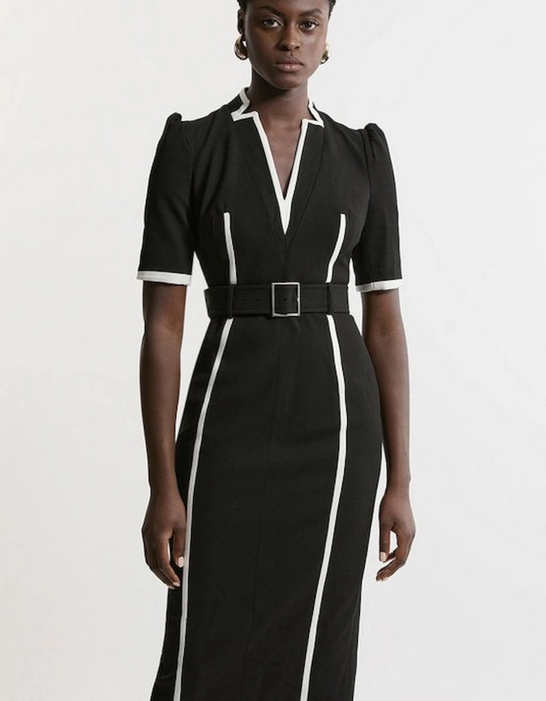 Petite Compact Stretch Contrast Tipped Forever Belted Tailored Midi Dress