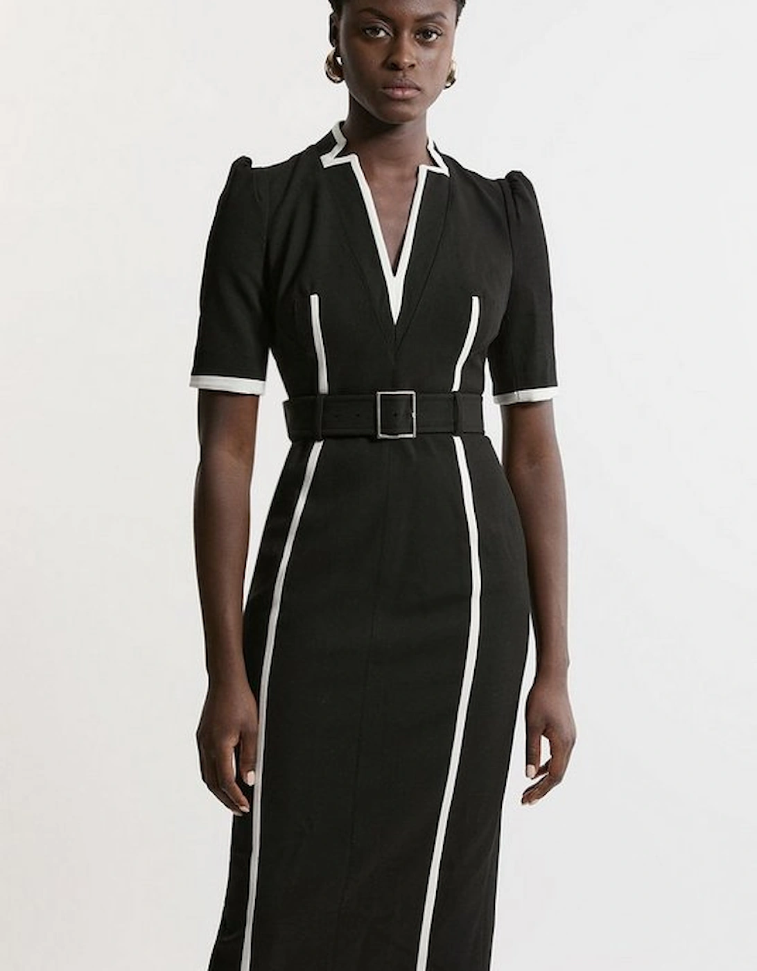 Petite Compact Stretch Contrast Tipped Forever Belted Tailored Midi Dress, 4 of 3