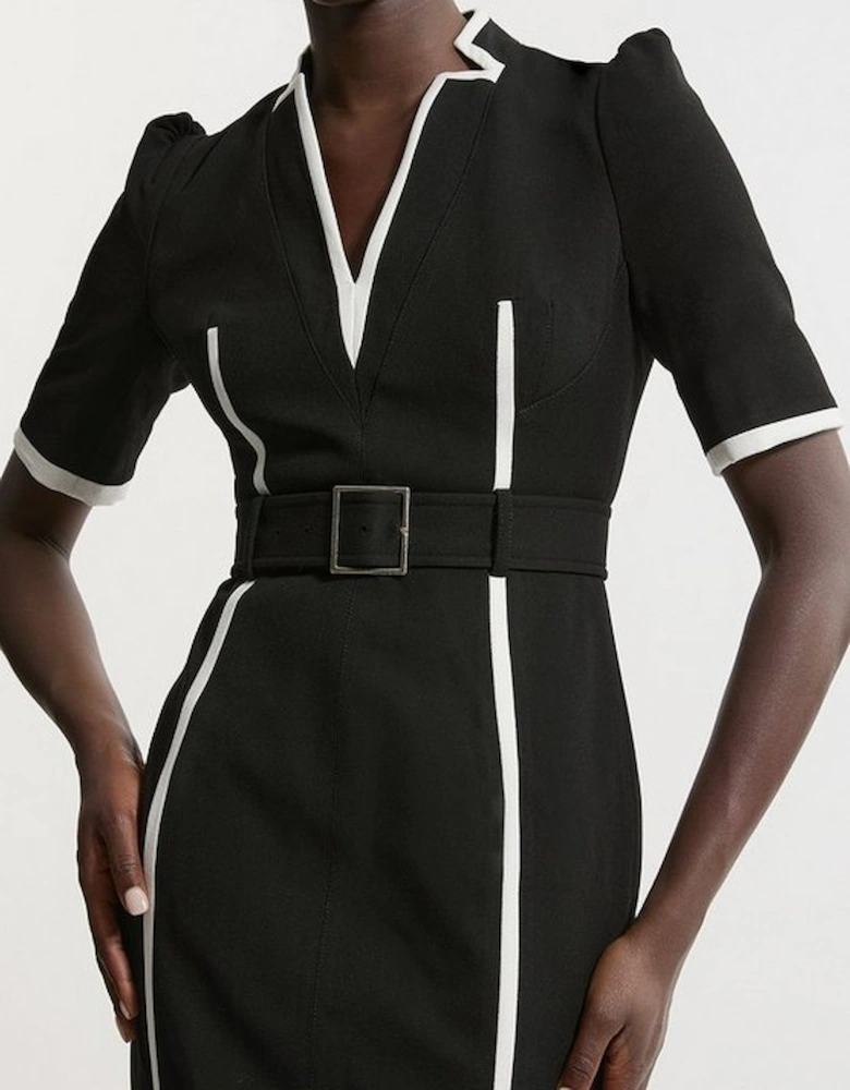 Petite Compact Stretch Contrast Tipped Forever Belted Tailored Midi Dress