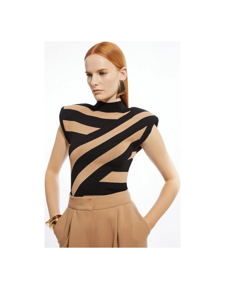 Viscose Blend Jacquard Stripe Power Shoulder Knit Top