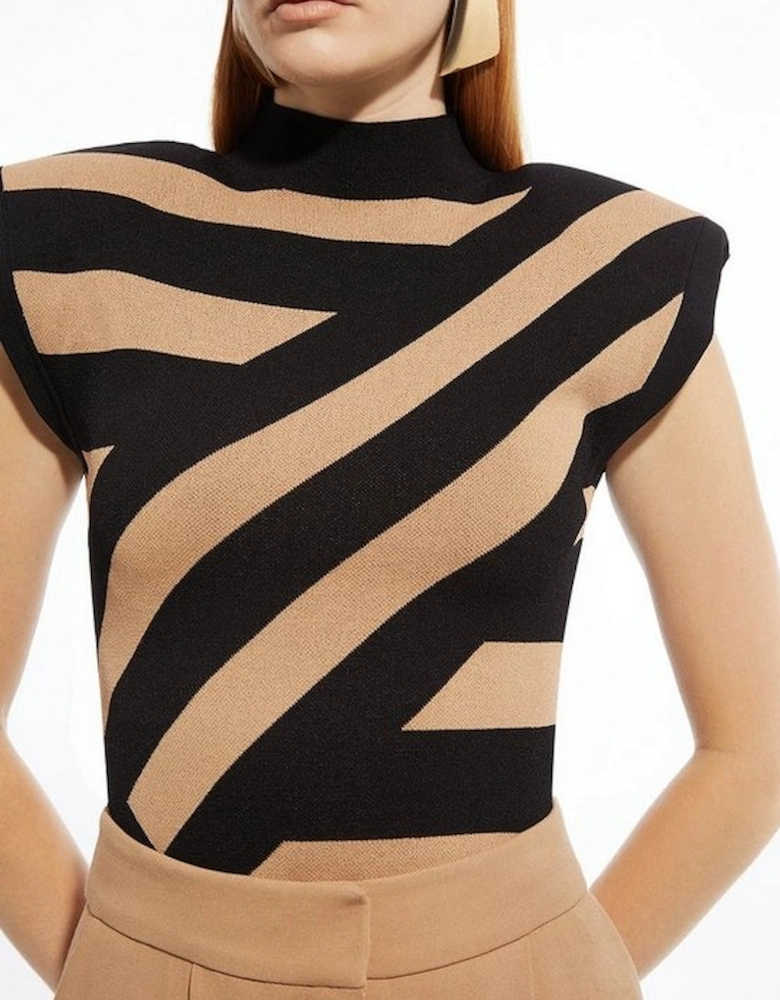 Viscose Blend Jacquard Stripe Power Shoulder Knit Top