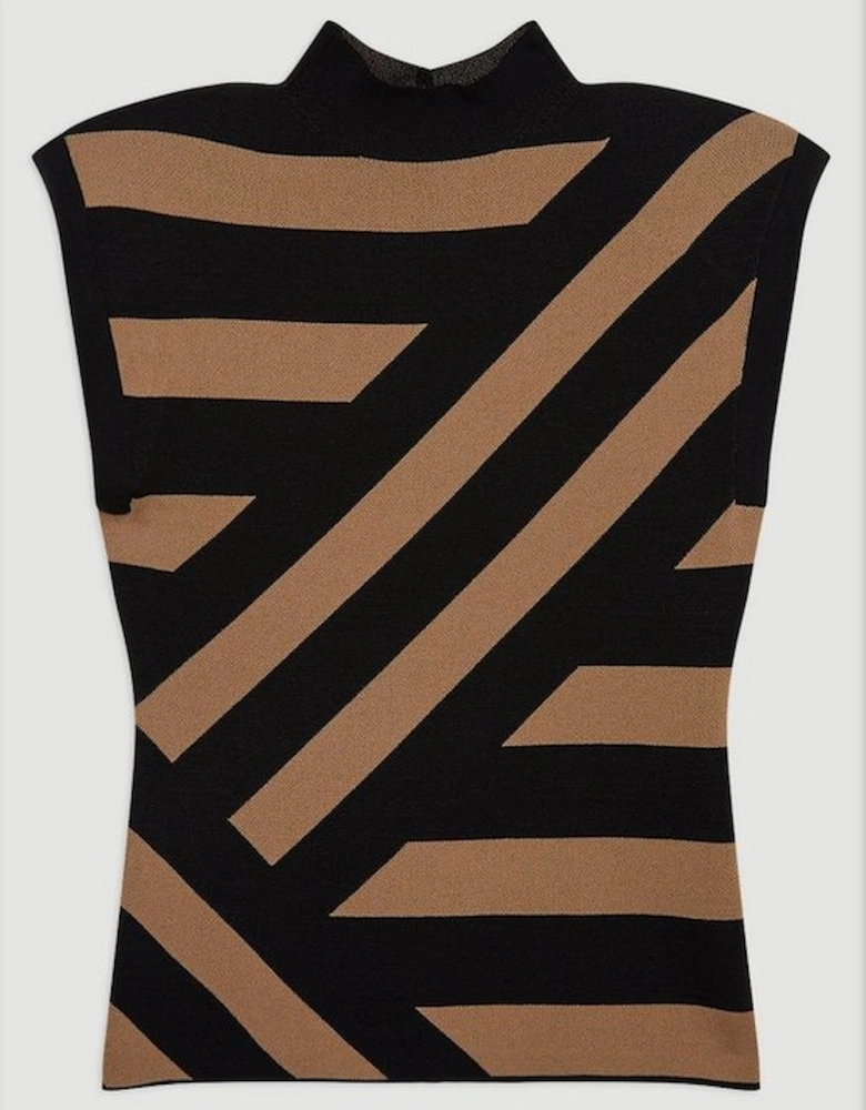 Viscose Blend Jacquard Stripe Power Shoulder Knit Top