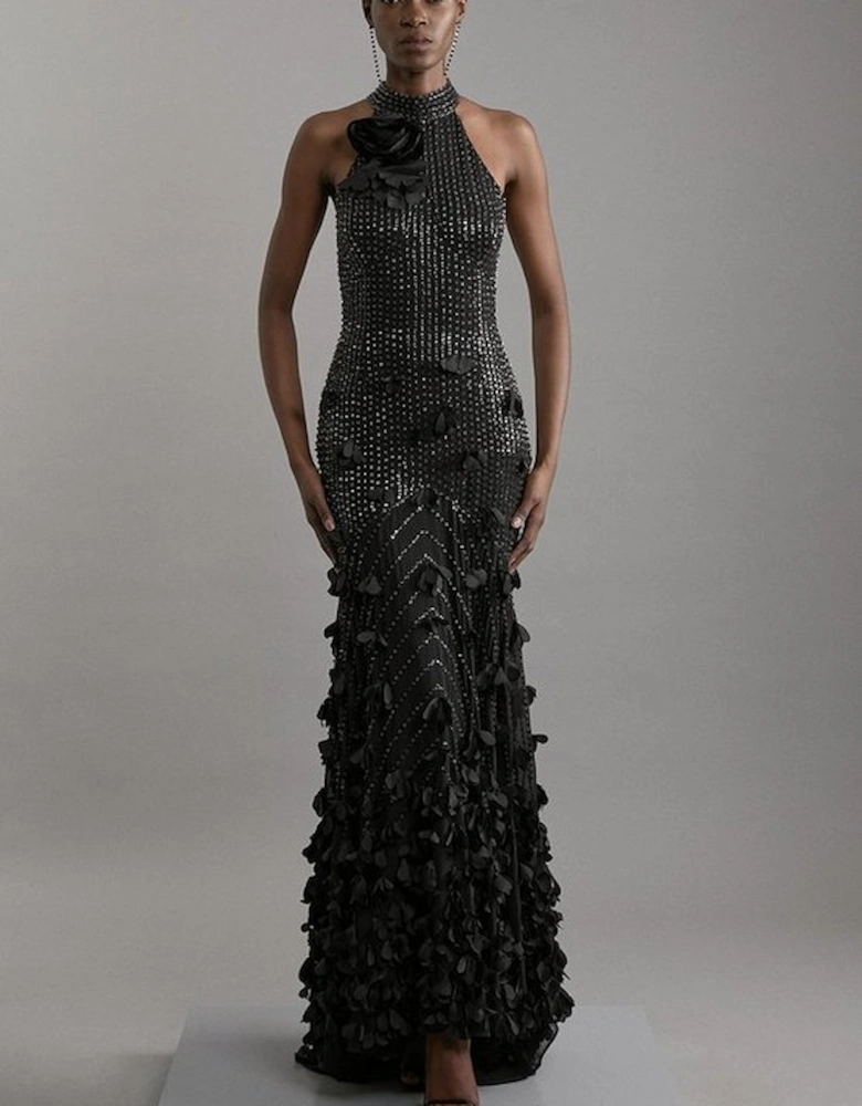 Crystal Applique Woven Maxi Rosette Maxi Dress