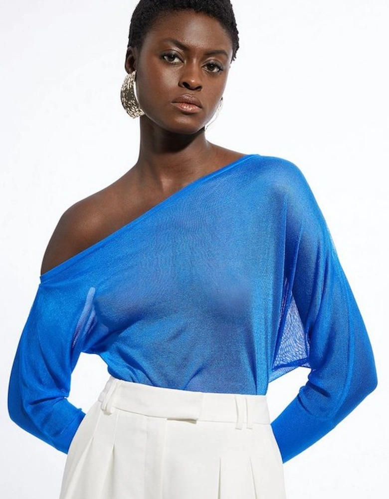 Viscose Blend Sheer Knit Slinky Asymmetric Blouson Top