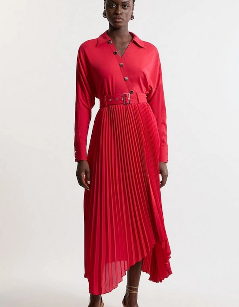 Jersey And Georgette Mix Belted Pleat Midi Dress