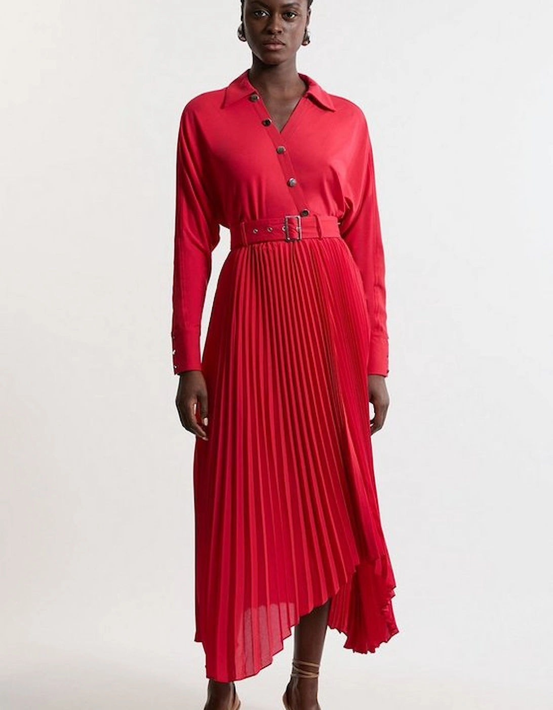 Jersey And Georgette Mix Belted Pleat Midi Dress, 4 of 3