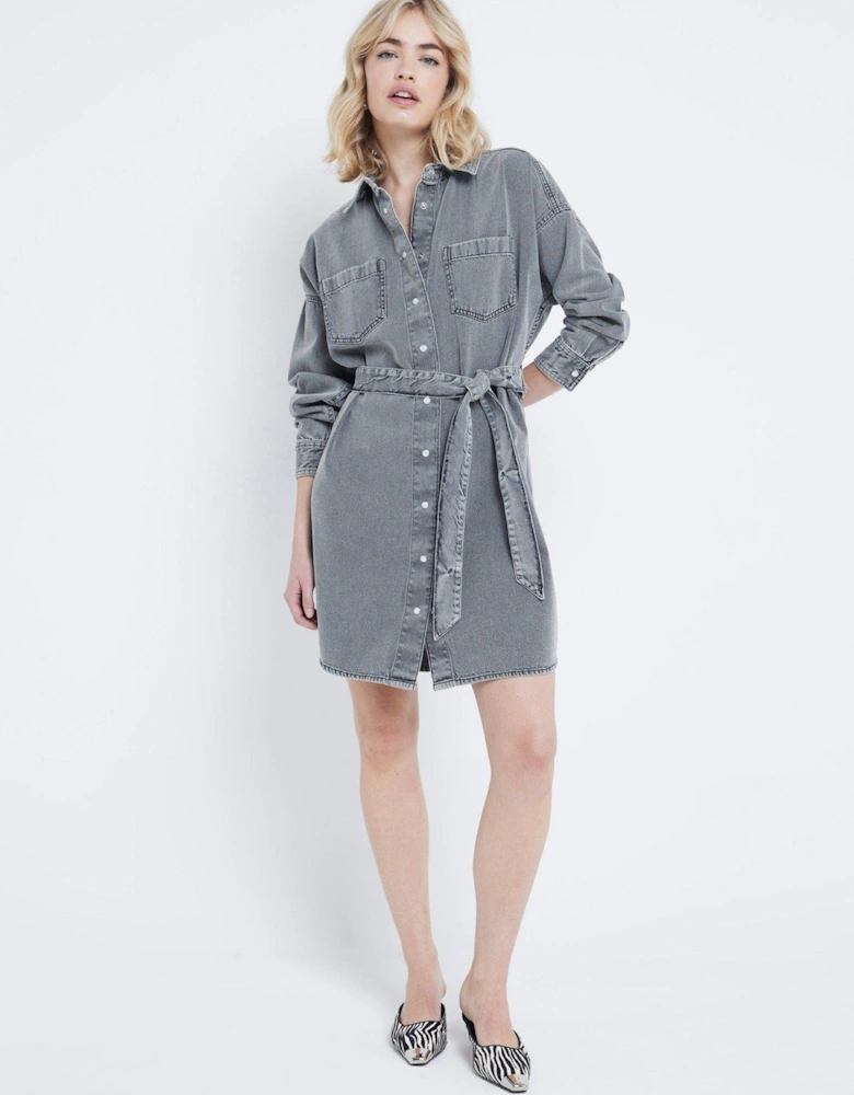 Belted Shirt Dress - Light Grey