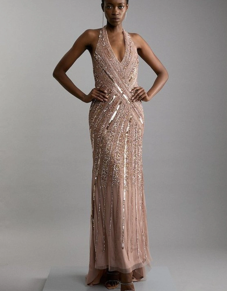 Petite Metallic Embellished And Beaded Halter Maxi Dress