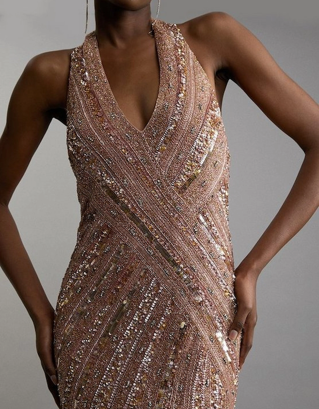 Petite Metallic Embellished And Beaded Halter Maxi Dress