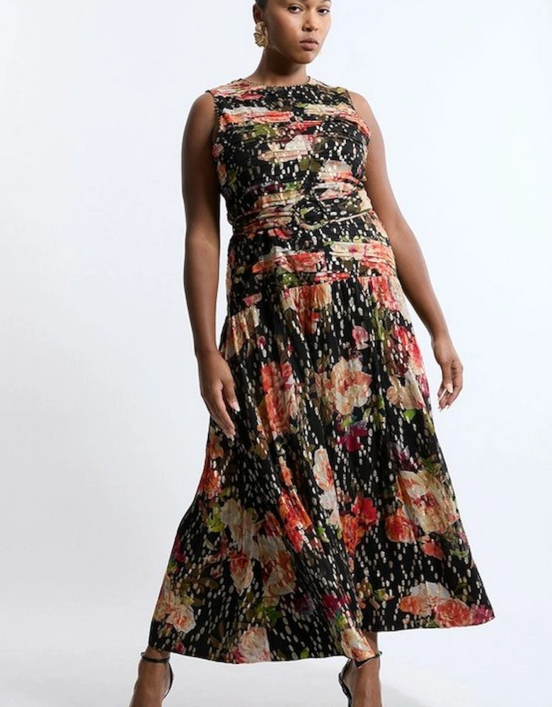 Plus Size Floral Printed Viscose Metallic Thread Beaded Woven Maxi Dress