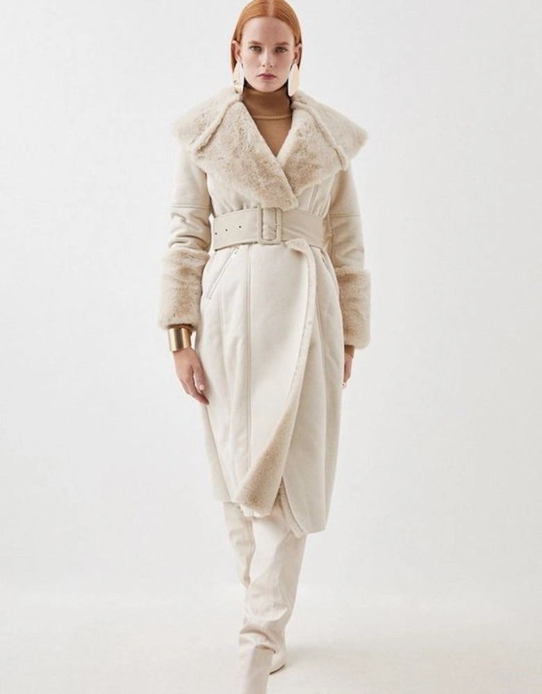 Petite  Faux Shearling Collar & Cuff Belted Long Coat