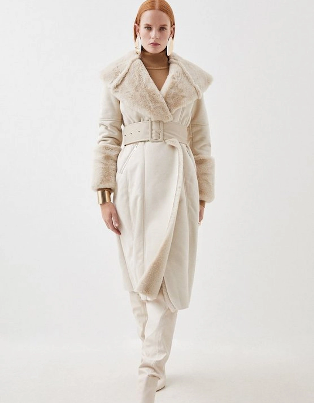 Petite  Faux Shearling Collar & Cuff Belted Long Coat, 5 of 4